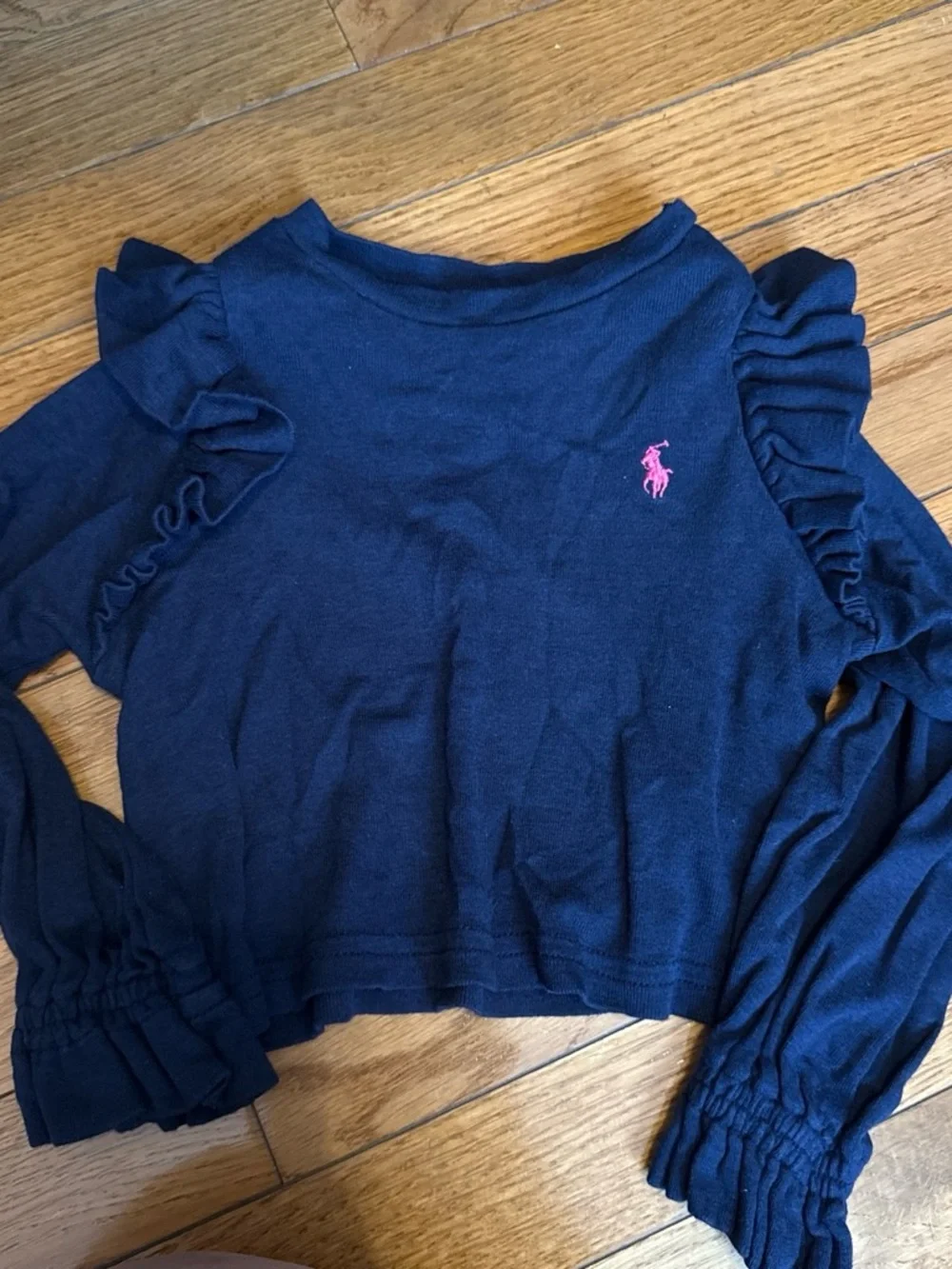 Ralph Lauren Navy Long Sleeve Ruffle Top with Pink Pony Logo